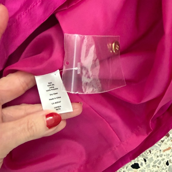 New Talbots 100% silk taffeta hot pink fuchsia shirt dress gold button 8P petite - Picture 6 of 7